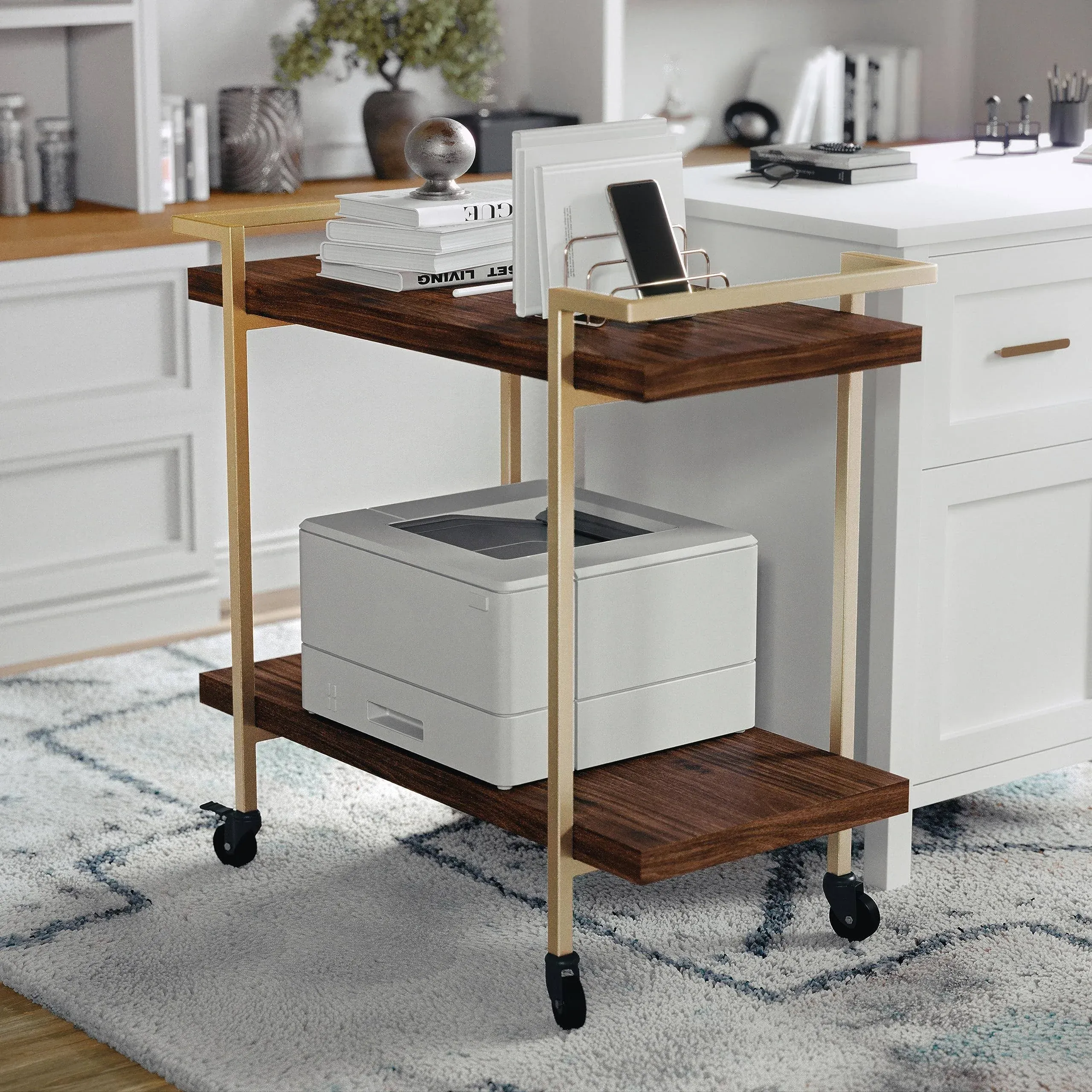 Martha Stewart Liam 2-Tier Mobile Office Storage and Printer Cart in Walnut with Polished Brass Frame