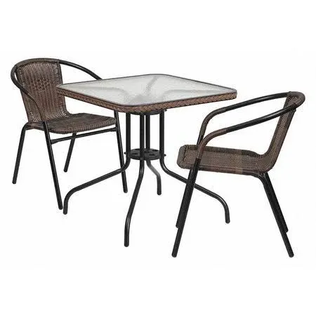 Flash Furniture 28'' Square Tempered Glass Metal Table with Dark Brown Rattan Edging