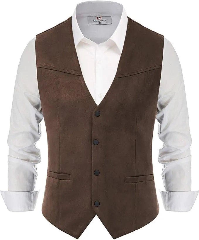 Paul Jones Men&#039;s Suede Leather Suit Vest Casual Western Cowboy Waistcoat Vest