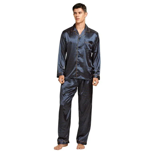 Tony & Candice Men's Classic Satin Pajama Set Adult Sleepwear (Blue / Golden, Large)