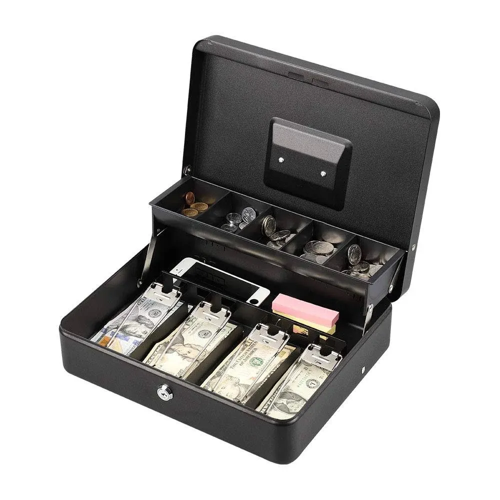 Cash Box Large Size Money Box with Lock and 5 Compartment Tray 4 Spring-Loade..<wbr/>.