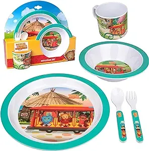 Daniel Tiger 5 Pc Mealtime Feeding Set for Kids and Toddlers - Includes Plate, Bowl, Cup, Fork and Spoon Utensil Flatware - Durable, Dishwasher Safe, BPA Free (Green)