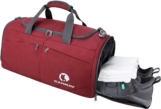 SPORTS GYM BAG Duffel with Wet Pocket Shoes Compartment Travel Red 45L CANWAY