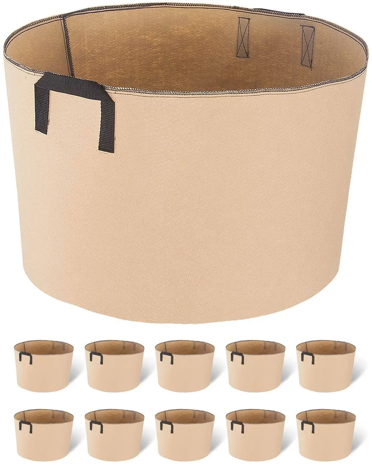 iPower 20 Gallon 10 Pack Grow Bags Nonwoven Fabric Pots Aeration Container with Strap Handles for Garden and Planting, 10-Pack Tan, 20 Gallon