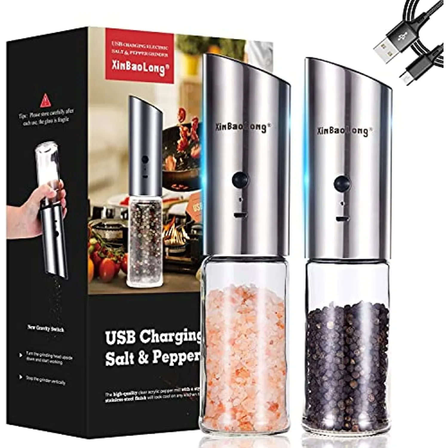 Electric Salt and Pepper Grinder Set,USB Rechargeable Salt and Pepper Grinder Set,XinBaoLong Stainless Steel Pepper Grinder Refillable,Adjustable Coarseness,Gravity Salt and Pepper Grinder Set