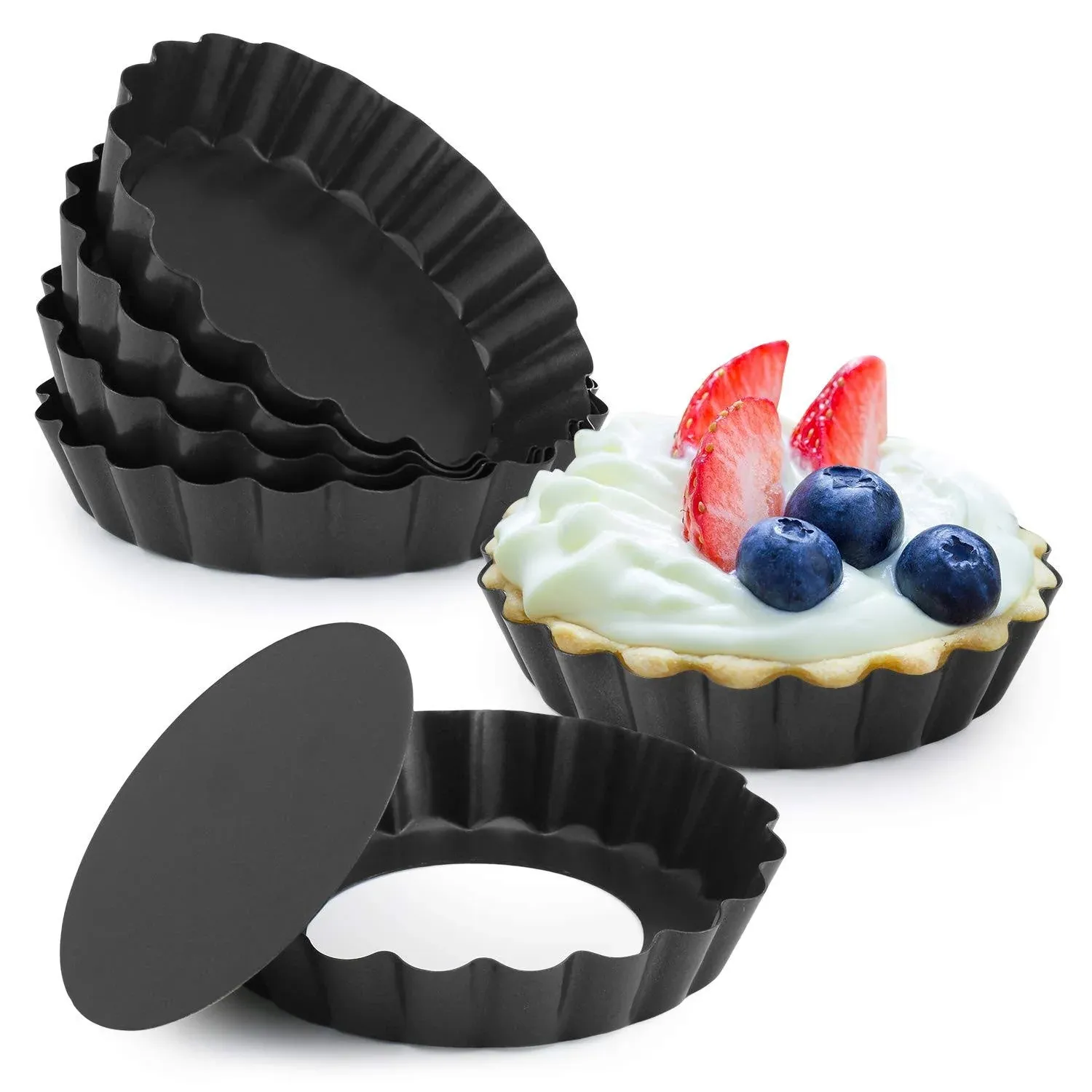 4” Quiche Pans with Removable Bottom, Non-stick, Fluted Sides, Mini Tart Pans, Round Shape, Set of 6