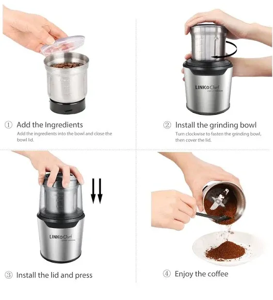 LINKChef Coffee Grinder, Spice Grinder with 4 Blades for Coffee Beans, Spice, Tea - New (Silver)