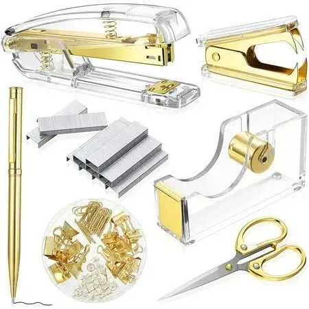 Office Supplies Set Desk Accessory Kit, Acrylic Stapler Set Staple Remover(Gold)