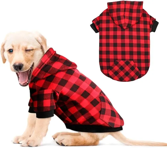 Red Plaid Dog Hoodie Sweater for Dogs Pet Clothes with Hat and PocketM