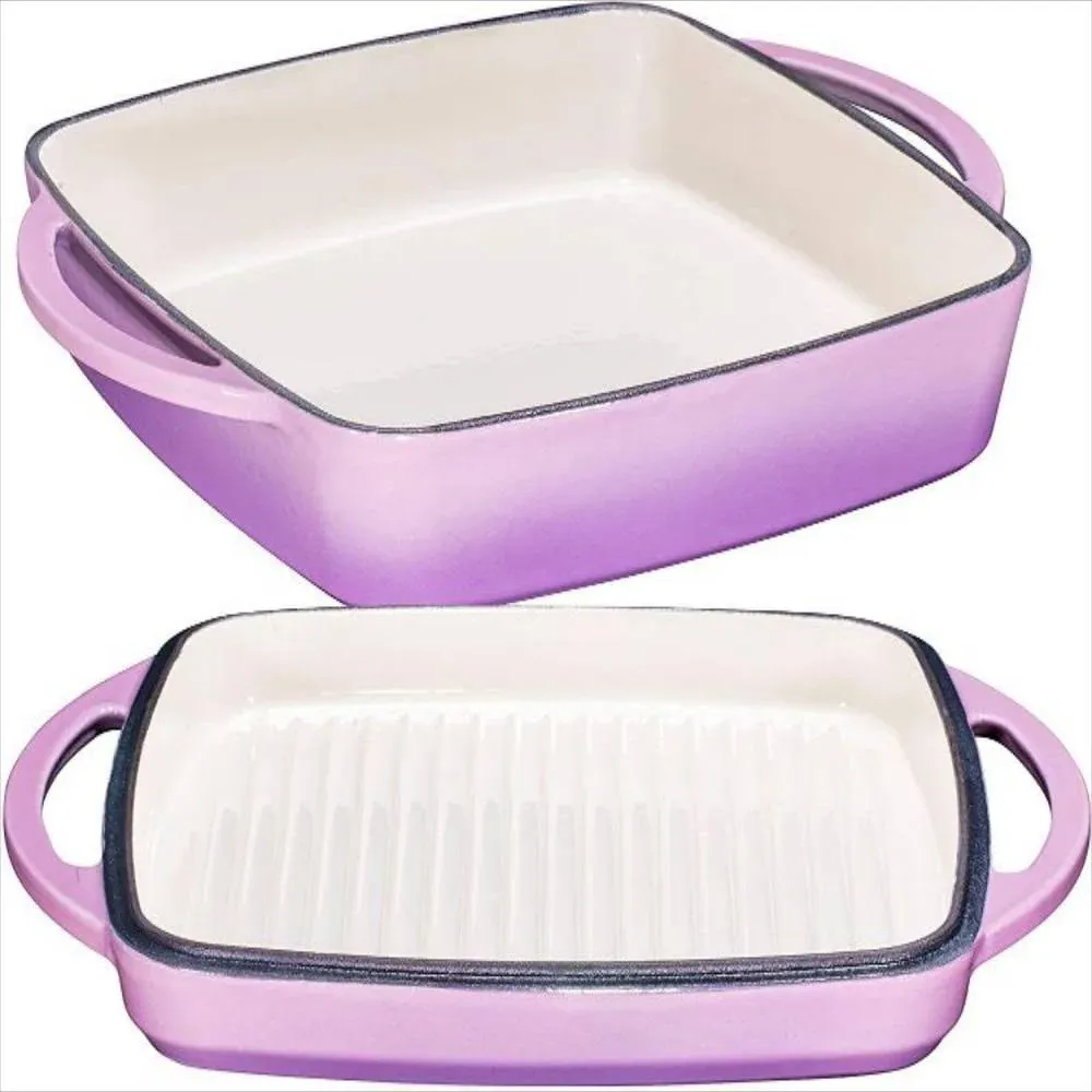 2 In 1 Enameled Square Cast Iron Baking Pan Cookware Dish With Grill Lid, 11-inc