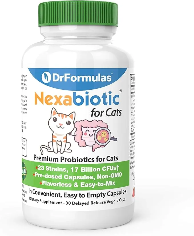 DrFormulas Nexabiotic Probiotics for Cats Powder | Treats Diarrhea for Pets with Saccharomyces Boulardii Lactobacillus Acidophilus, Best Probiotics Supplement for Digestive Health 30 Capsule