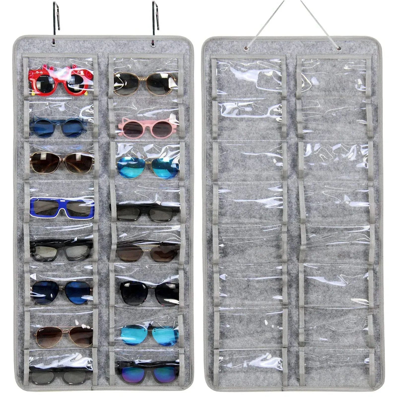 Casaphoria Sunglasses Organizer Storage - X-Large Hanging Wall Pocket Glasses Holder with 16 Felt Slots, Metal Hook, and Dust-Proof Design, Gray