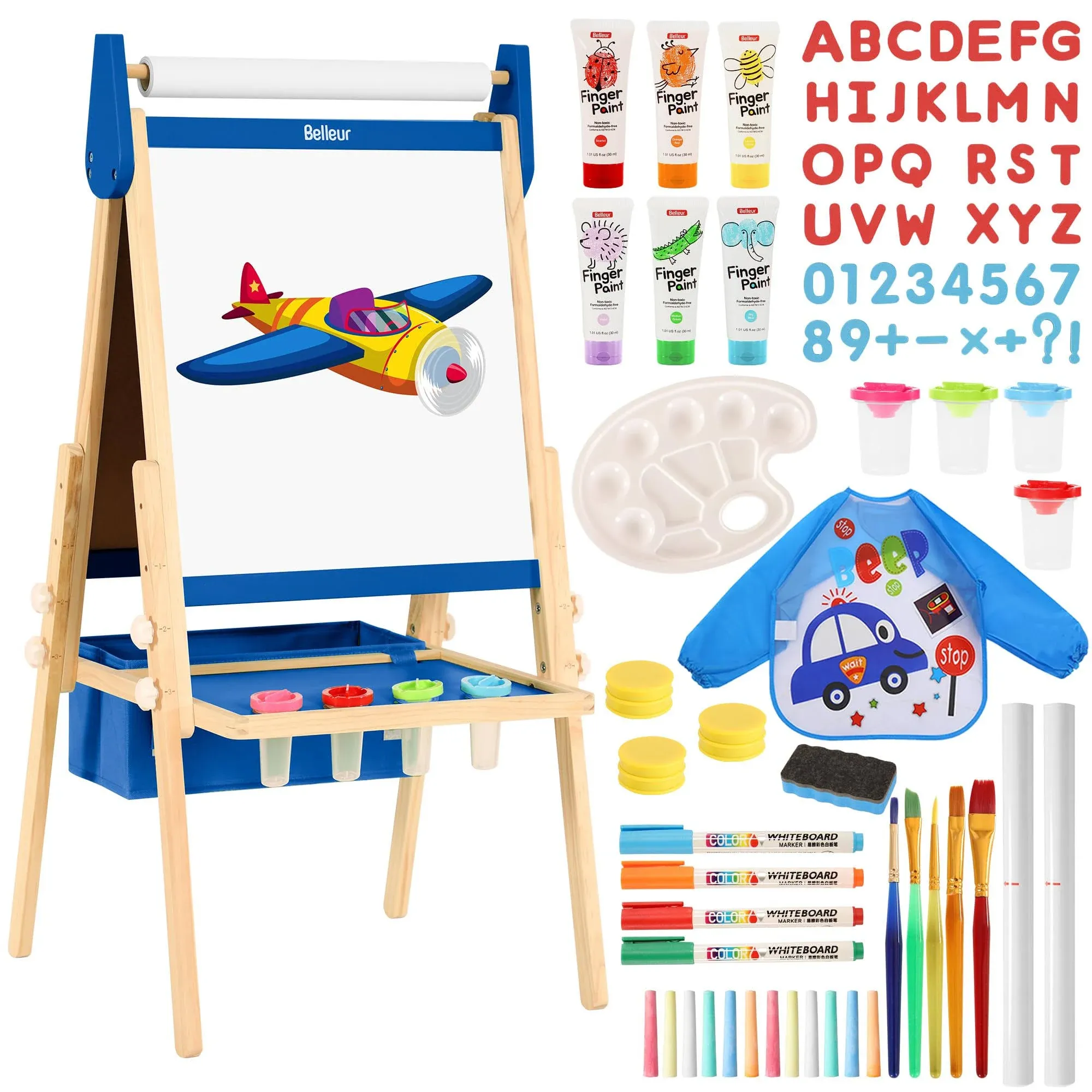 All-in-One Art Easel for Kids with 2 Paper Rolls & Deluxe Accessories, Adjustable Magnetic Double Sided Whiteboard & Chalkboard, Painting Kid Easel for Toddlers 2-8, Ideal Christmas Gift