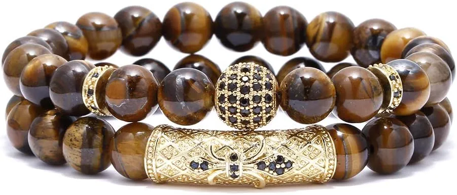 BOMAIL 8mm Tiger Eye Stone Beads Bracelet Elastic Natural Stone Yoga Bracelet for Women Men