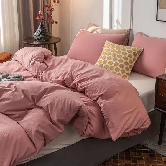 Janlive Washed Cotton Duvet Cover Twin Ultra Soft 100% Cotton Solid Color Rose Duvet Cover Set with Zipper Closure -2 Pieces Pink Bean Paste Twin