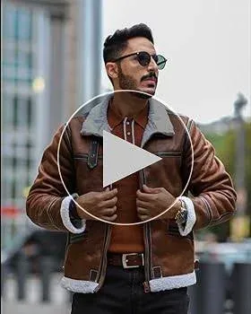 AOWOFS Men's Faux Leather Jacket Brown Motorcycle Bomber Shearling Suede Stand Collar