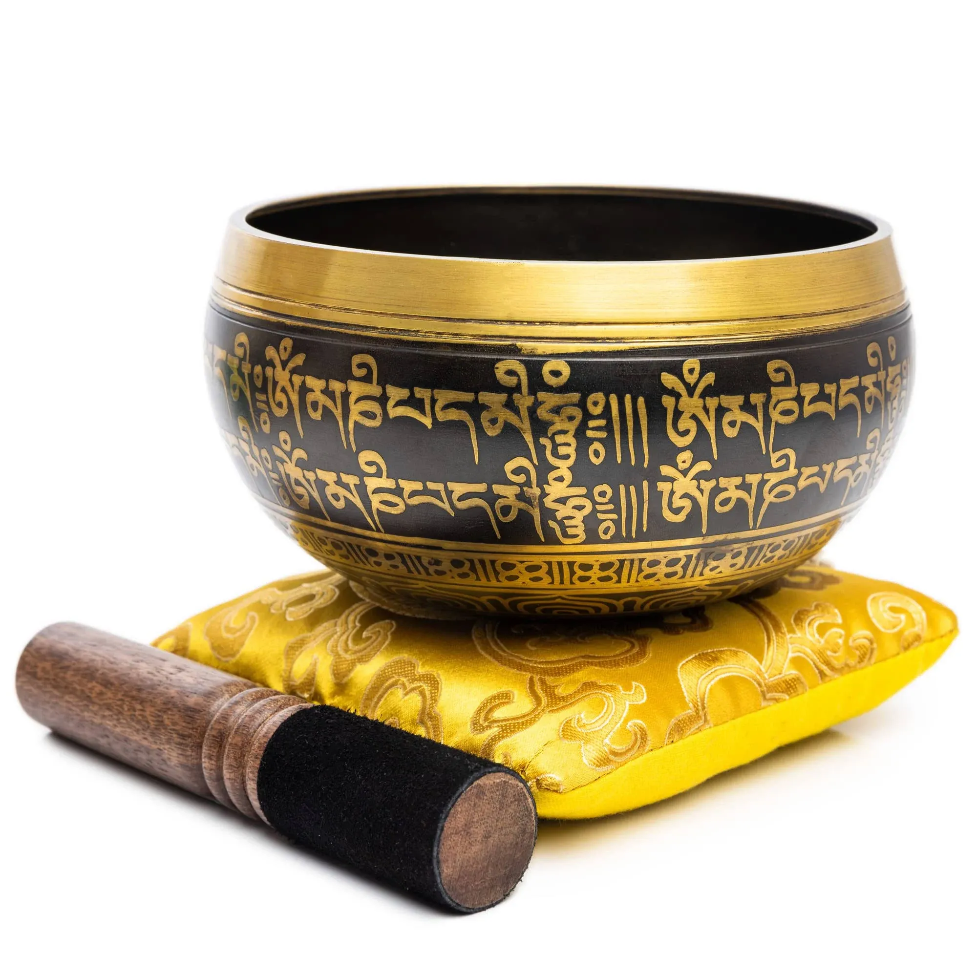 Tibetan Singing Bowl Set Bronze - Master Healing Grade - With Tibetan Thangka Art - Pure Tone By HIMALAYAN BAZAAR (Black & Yellow)