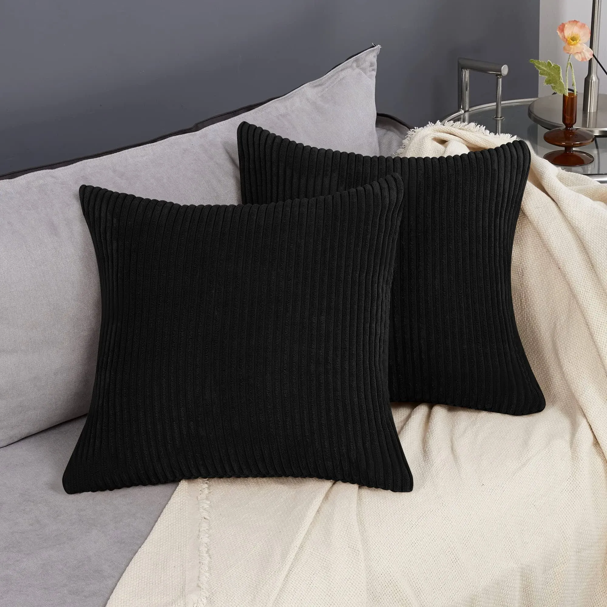 Deconovo Fall Decor Pillow Covers Decorations Home Pack of 2 Corduroy Square Throw Pillow Cover Stripes Decorative, 20x20 Inch, Jet Black Pillowcase Cover, Cushion Couch Bedroom Sofa Living Room