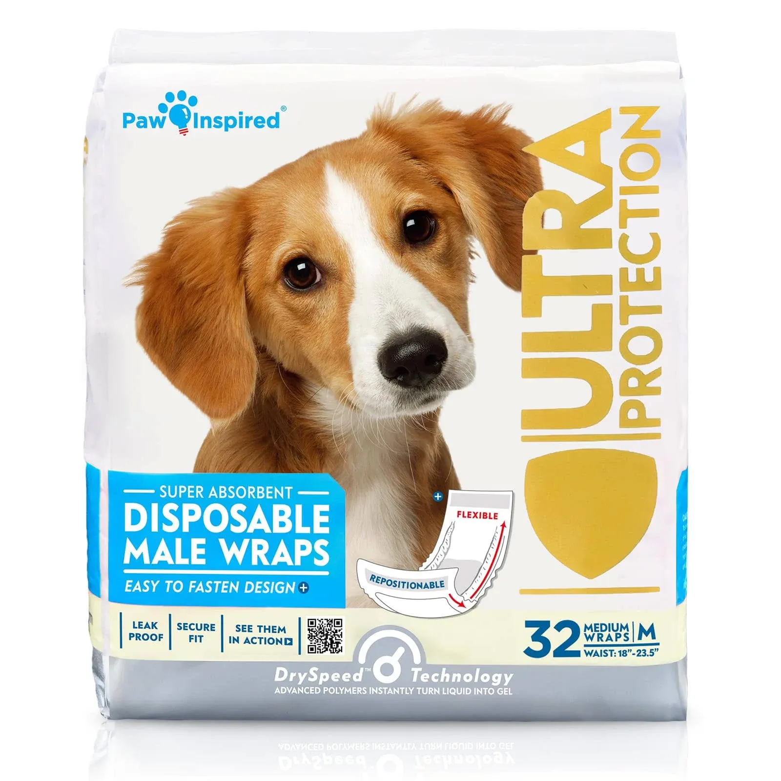 Paw Inspired Disposable Dog Wraps | Male Dog Diapers Ultra Protection | Belly Band for Male Dogs | Excitable Urination, Incontinence, or Male Marking (32 Count, Medium)