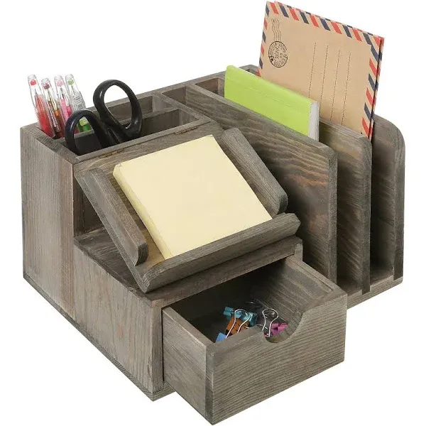 MyGift Ash Gray Wood Desktop Organizer with Drawer, Mail Sorter, Sticky Note Pad Holder, Wooden Desk Storage Caddy for Office/Home