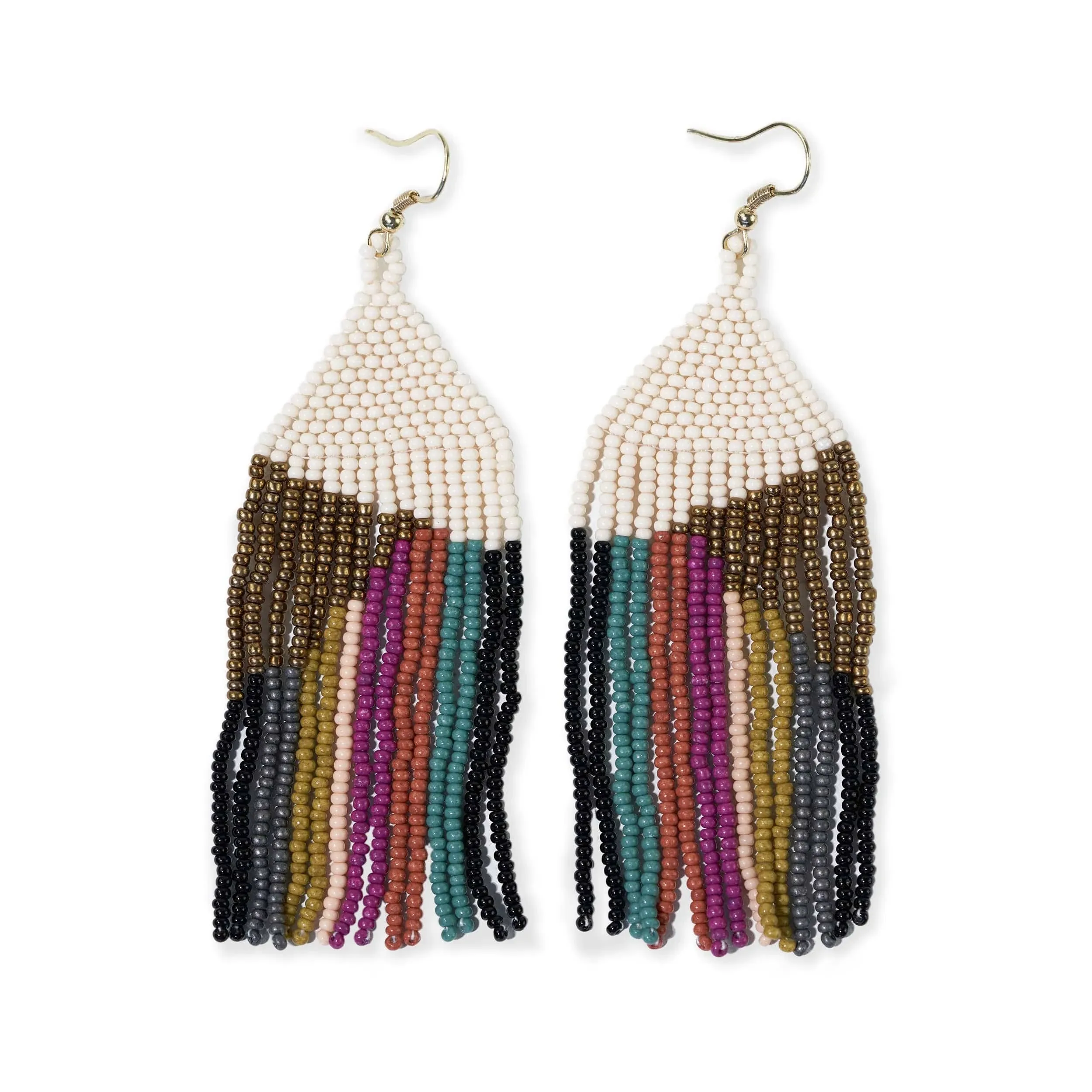 Elise Angle With Stripes Beaded Fringe Earrings - Muted Rainbow