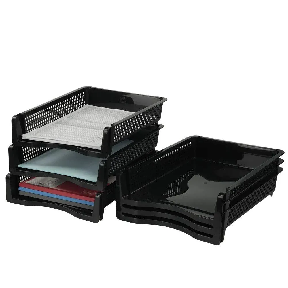 Stackable Paper Tray Set of 6 Black Plastic Letter Tray Basket