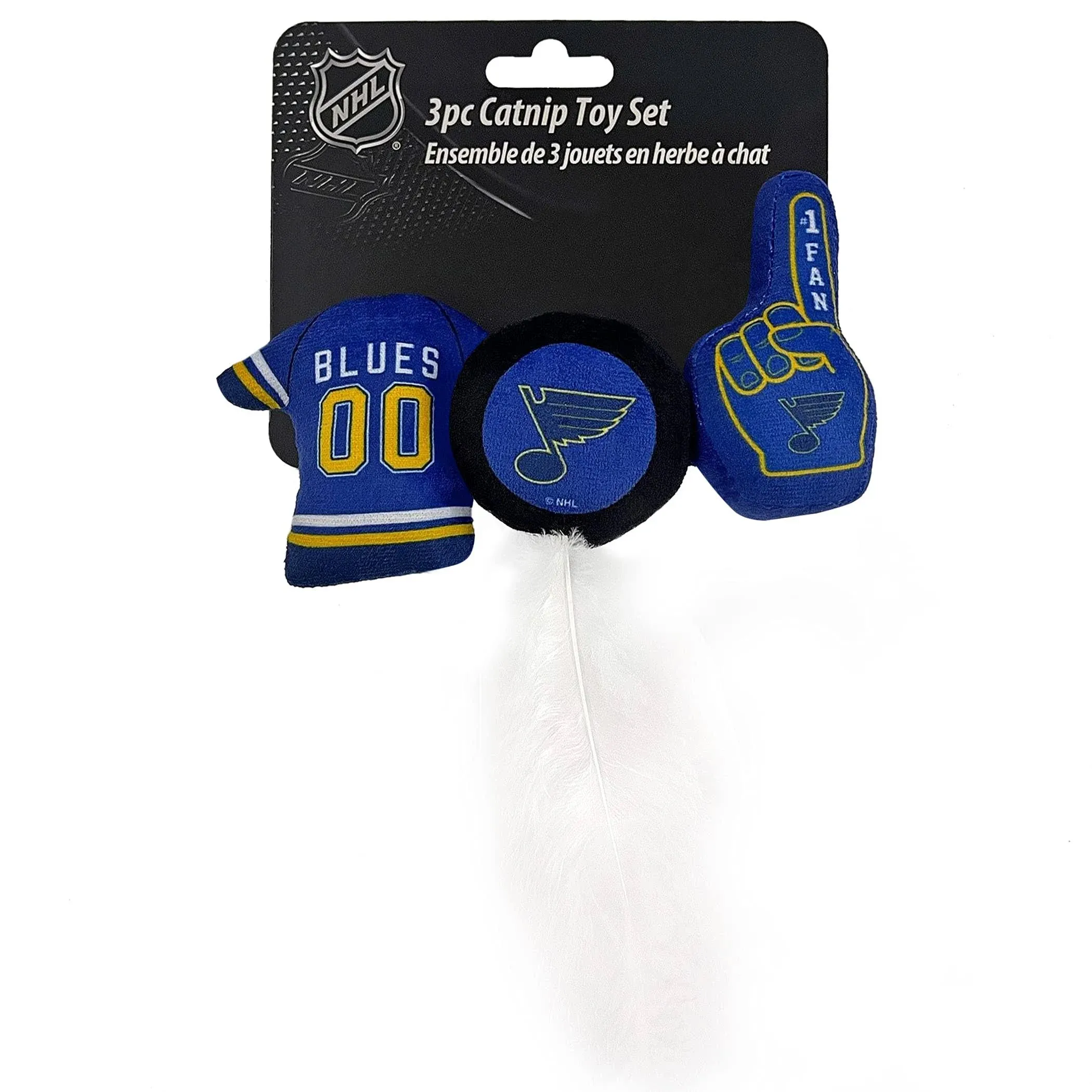 BEST PLUSH CAT TOY NHL ST LOUIS BLUES Complete Set of 3 piece Cat Toys filled with Fresh Catnip. Includes: 1 Jersey Cat Toy, 1 Hockey Puck Cat Toy with Feathers & 1 #1 Fan Cat Toy. Beautiful Team LOGO