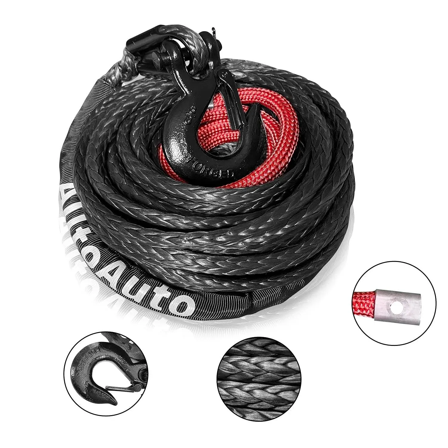 AlltoAuto Winch Rope with Hook 3/8&#034; x 100&#039;-25000lbs Dyneema Synthetic Winch R...