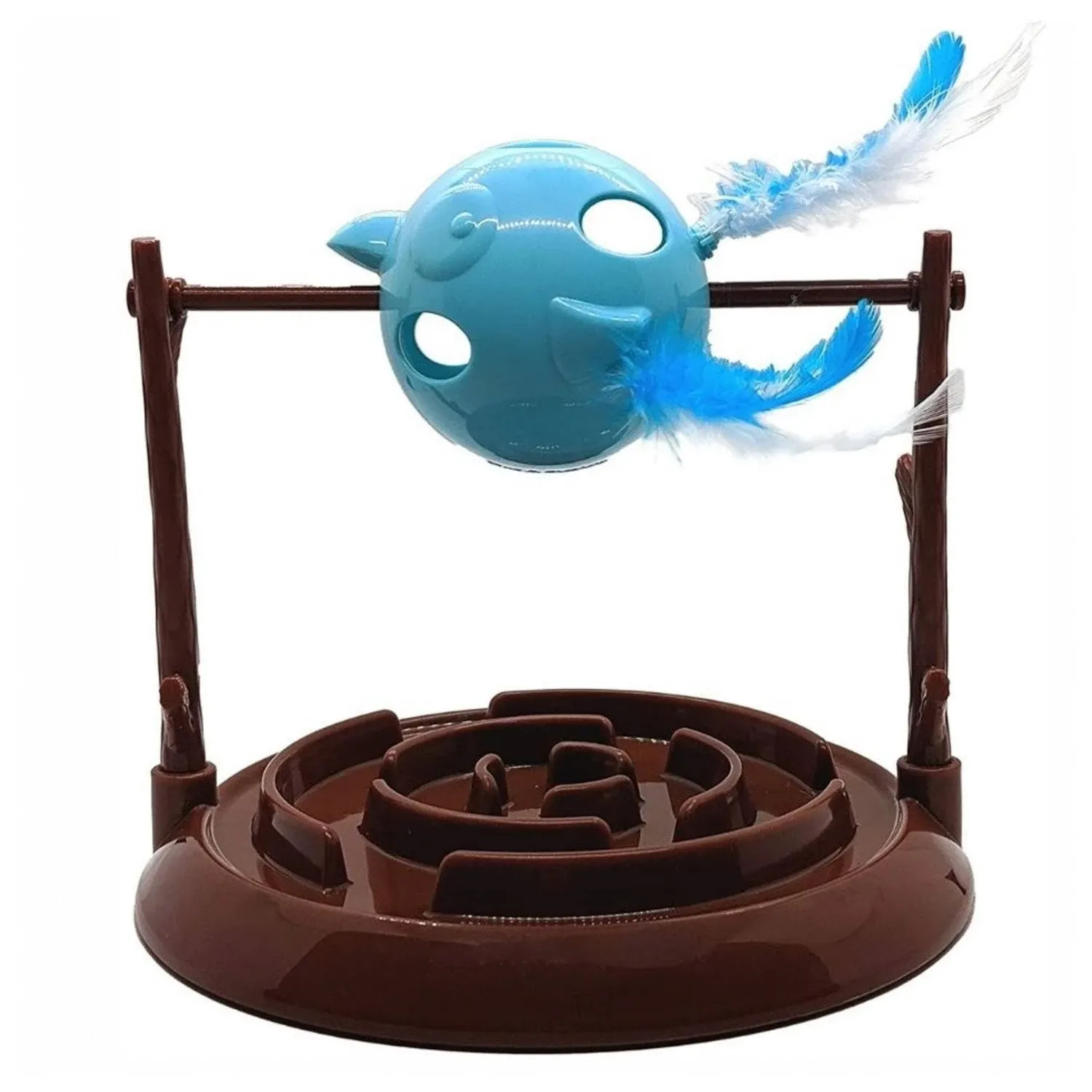 Doc and Phoebe Twirly Bird Cat Treat Dispenser Brown-Blue 5.25in