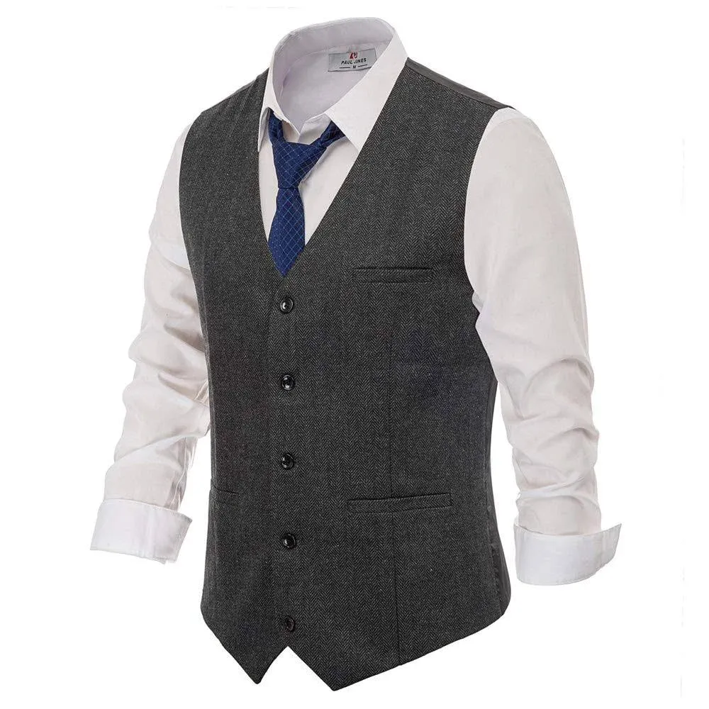 PJ PAUL JONES Men&#039;s Western Herringbone Tweed Suit Vest Wool Blend V Neck Slim F