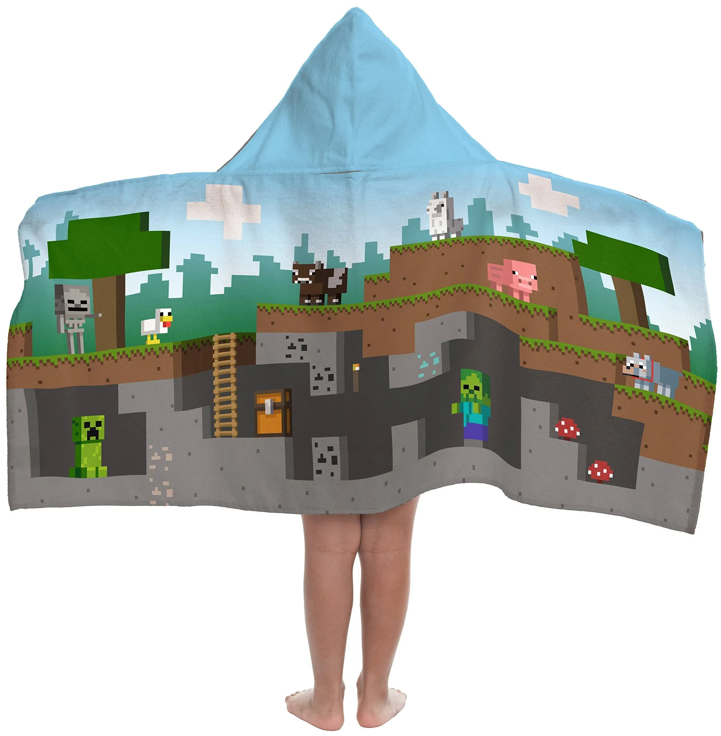 MINECRAFT Hooded Poncho Towel Beach Swim Pool Bath Kids 22&#034; X 51&#034; Cotton EUC