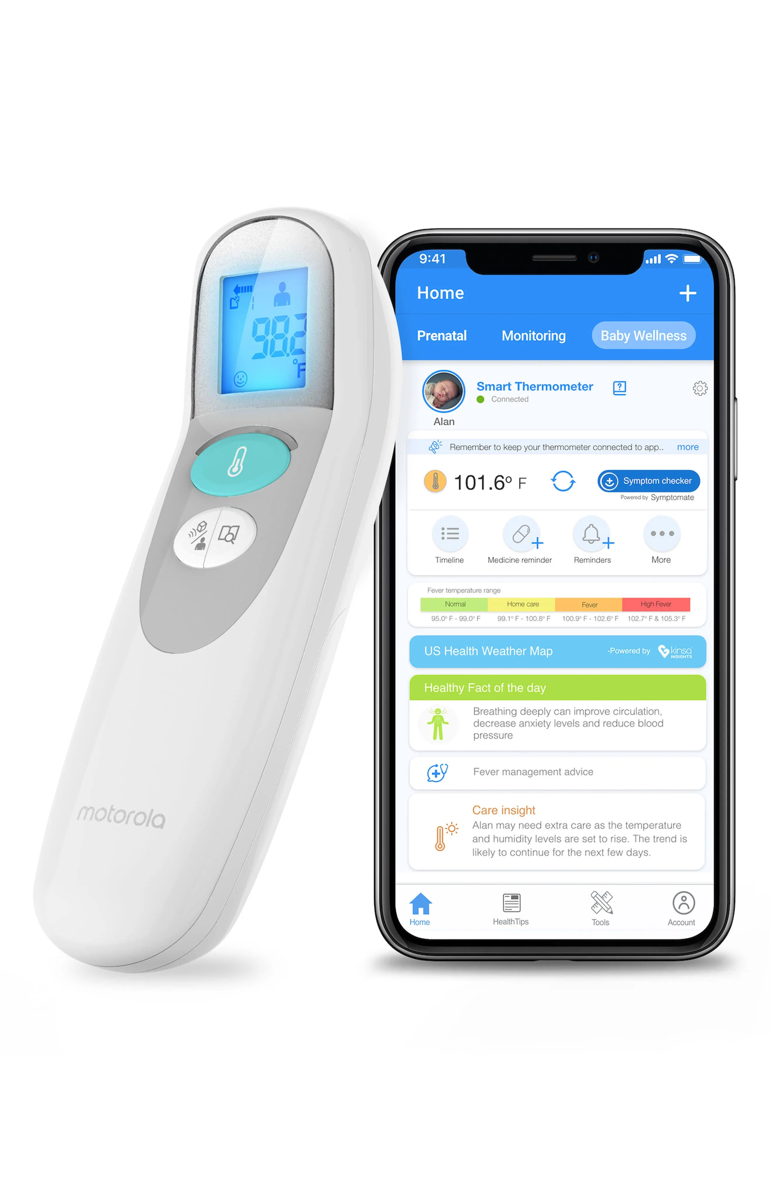 Motorola MBP75SN Care+ Non-Contact Smart Forehead & Liquid Baby Thermometer - Digital Handheld Clinical Device for Kids & Adults - Touchless Quick & Accurate Temperature Reader - Large LCD Display