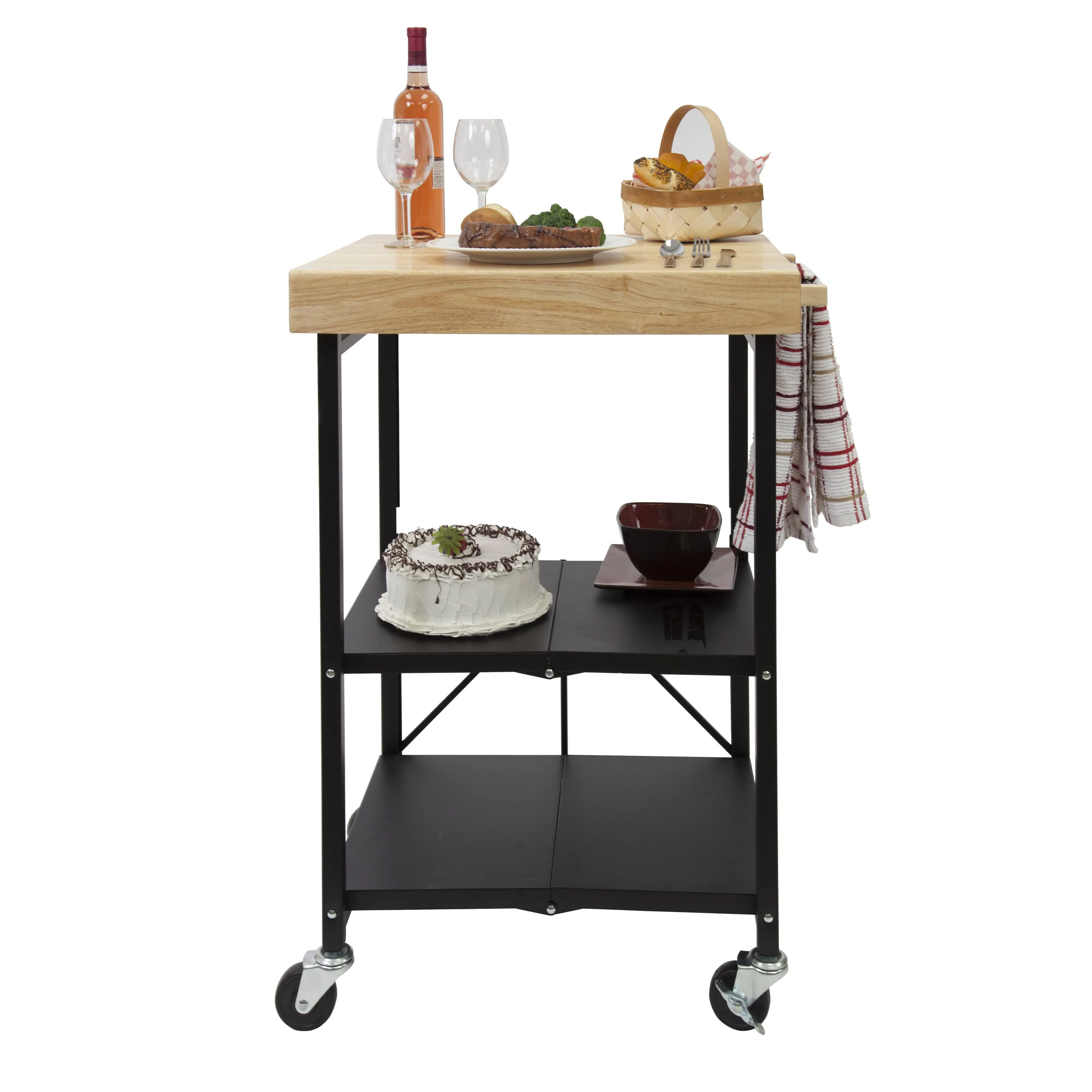 Origami Foldable Steel Kitchen Cart with Wood Butcher Block Top - Silver