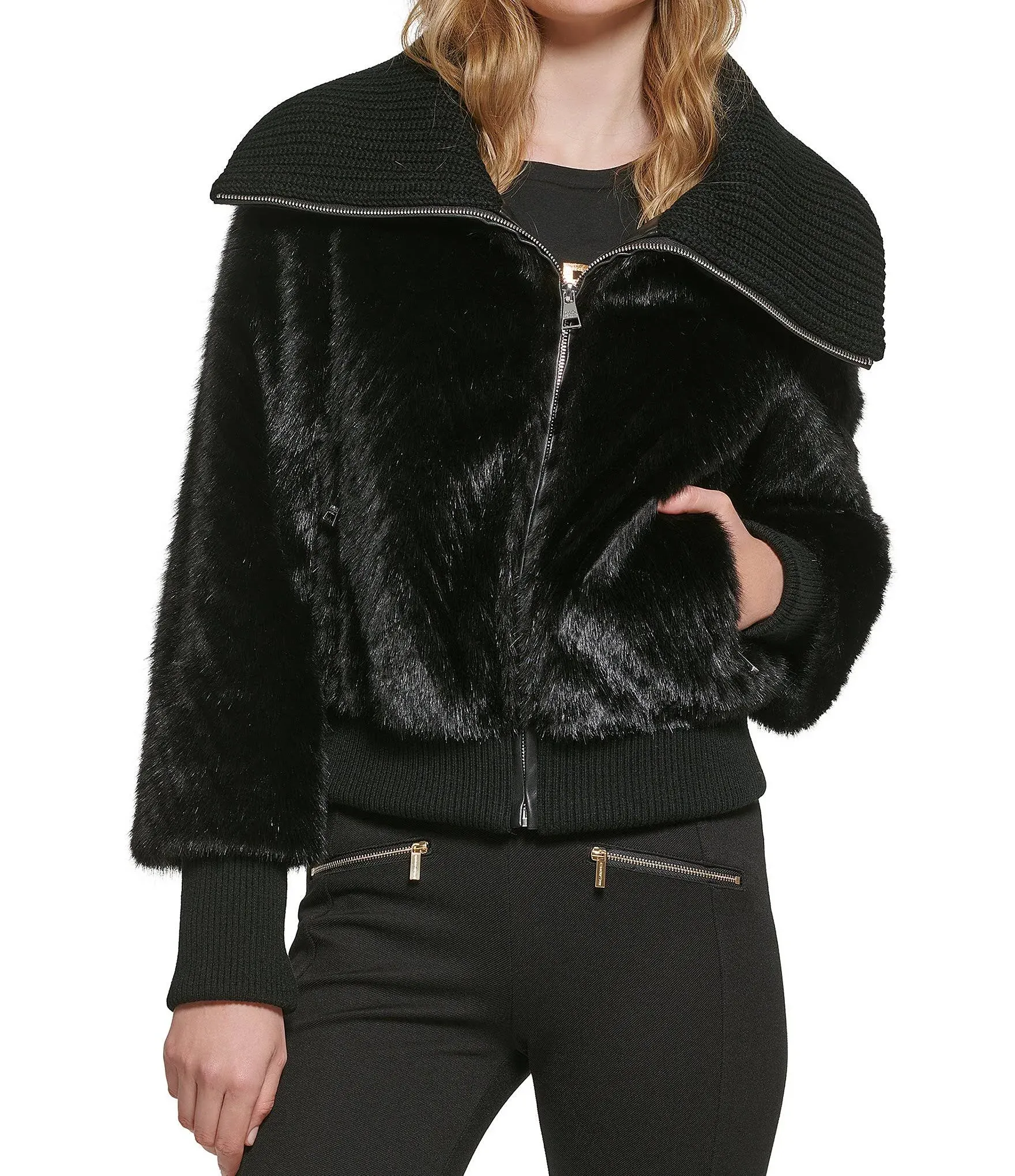 Karl Lagerfeld Paris Women's Funnel Neck Faux Fur Bomber Jacket - Black - Size M