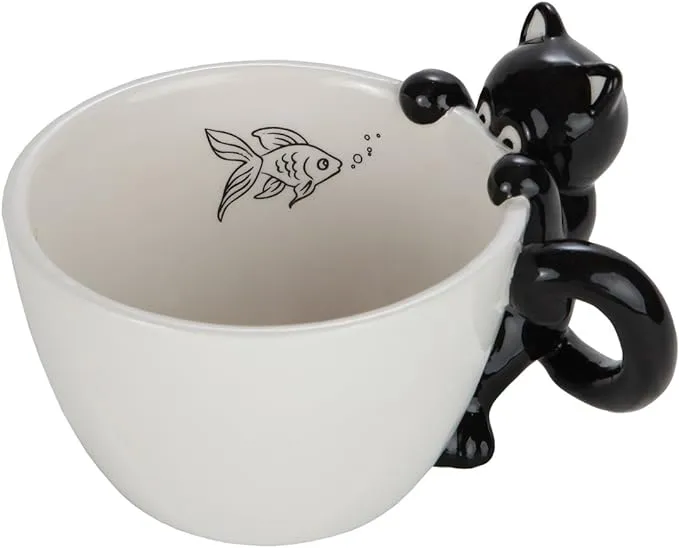 Lily's Home Cute Fishing Black Cat Mug for Coffee and Tea. Ceramic 3D Animal Mug ...