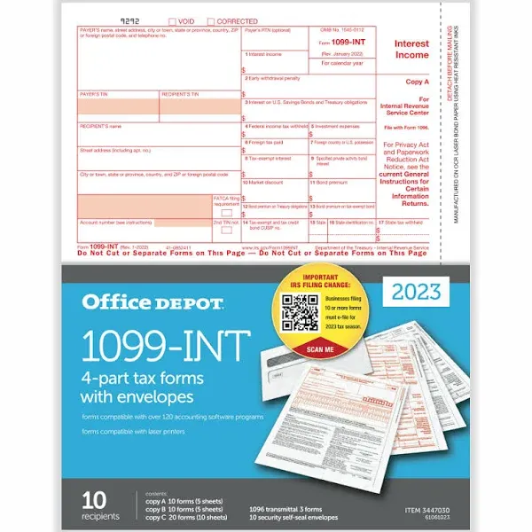 Office Depot Brand 1099-INT Laser Tax Forms and Envelopes, 4-Part, 2-Up, 8-1/2 ...