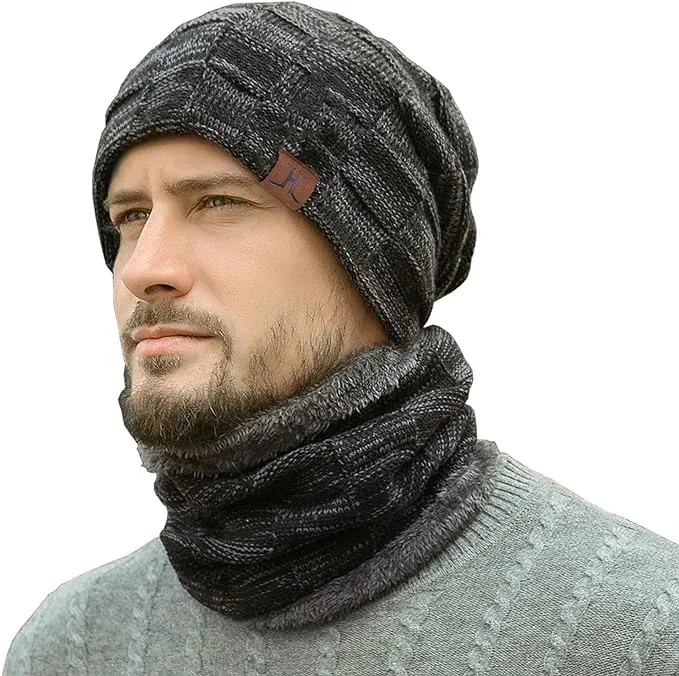 Mens Winter Beanie Hats Scarf Set Warm Knit Skull Caps Neck Warmer with Fleec...