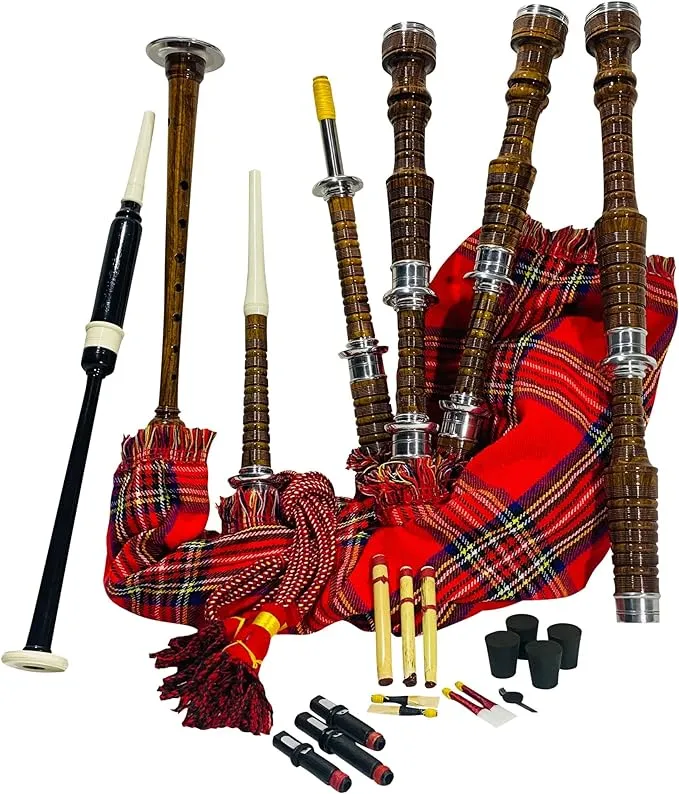 Great Scottish Highland Bagpipes Full Silver Mount Natural&Black Finish With Bag (Royal Stewart Natural Finish) (Royal Stewart Black Finish)