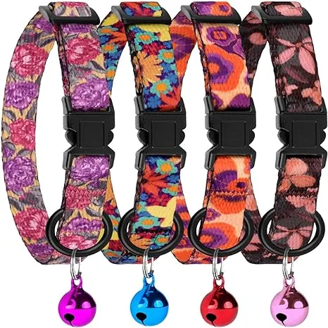 4PCS Breakaway Cat Collars with Bell, Cute Kitty Adjustable Safe Kitten Collars