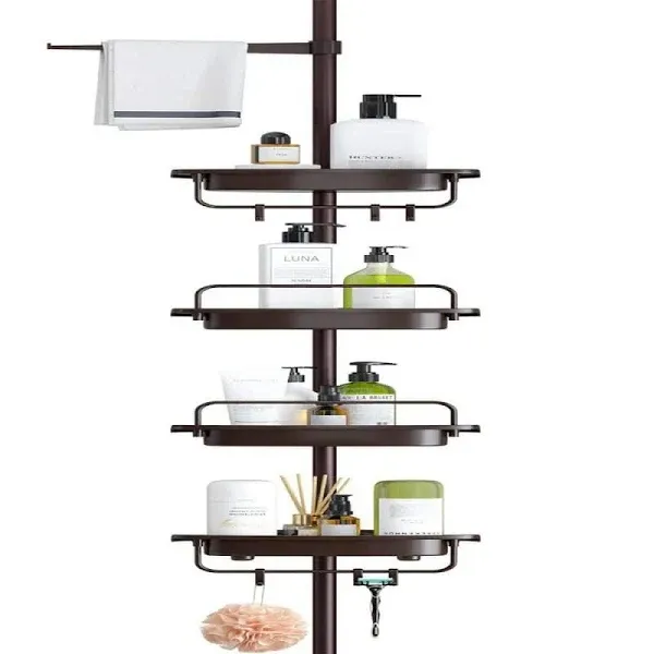 ALLZONE Rustproof Shower Caddy Corner for Bathroom, Tension Corner Shower Caddy Tension Pole, Solid Shower Organizer with 4 Adjustable Shower Shelves, Shower Rack Fit Heights 39 to 113 Inches,Brown