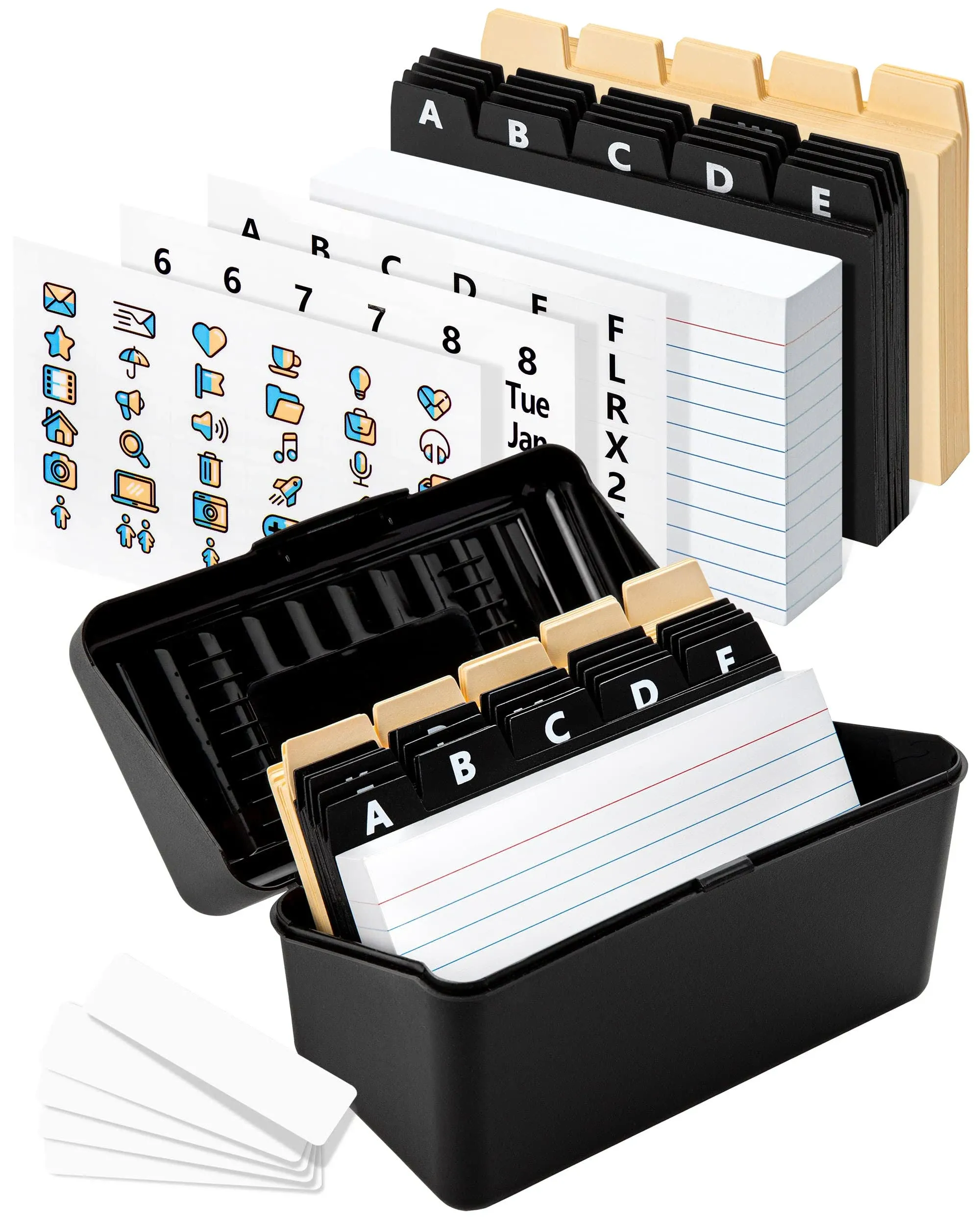 OFFILICIOUS Index Card Holder 3x5 Set – Heavy-Duty Index Card Recipe Box with Dividers – 100 Ruled Index Cards 3x5, 25 Manila Dividers, 25 Plastic Dividers, 72 Easy-Read Stickers & 5 Box Labels