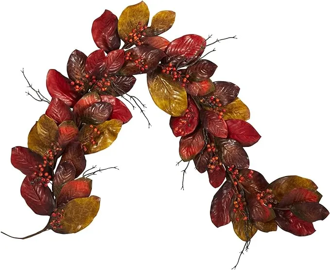 Nearly Natural Autumn Magnolia Leaf with Berries Artificial Garland 6'