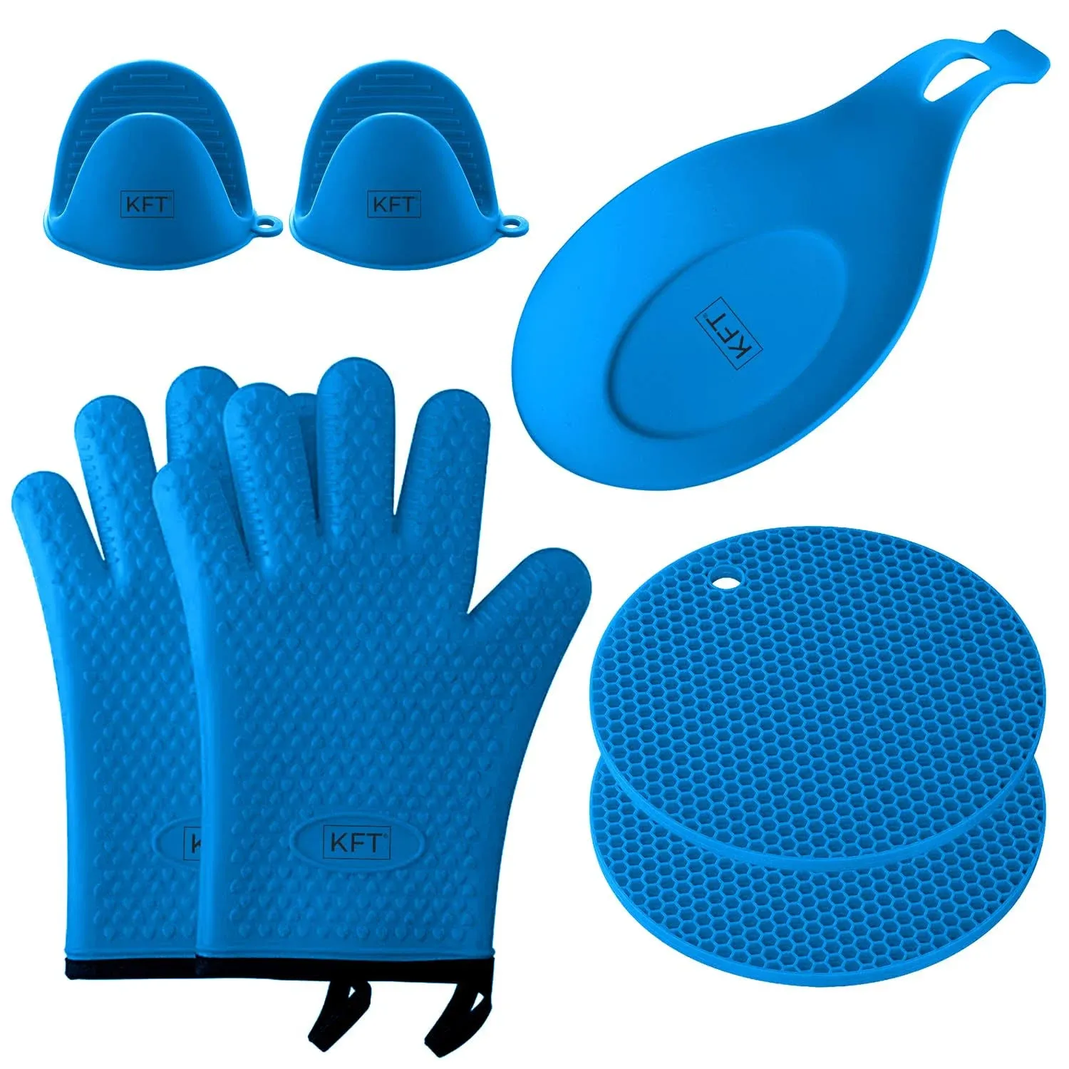 Oven Mitts and Pot Holders Sets Kitchen Essentials – 7Pcs Set Heat Resistant Silicone Gloves, Trivets, Pinchers, and Spoon Rest – Durable Non-BPA Food Safe Materials – Ideal Silicone Baking Set