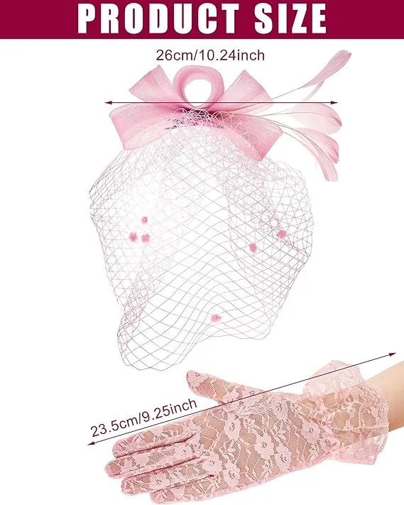 HEMOTON Bowknot Feathers Fascinator Mesh Veil Hat and Short Floral Lace Gloves Set