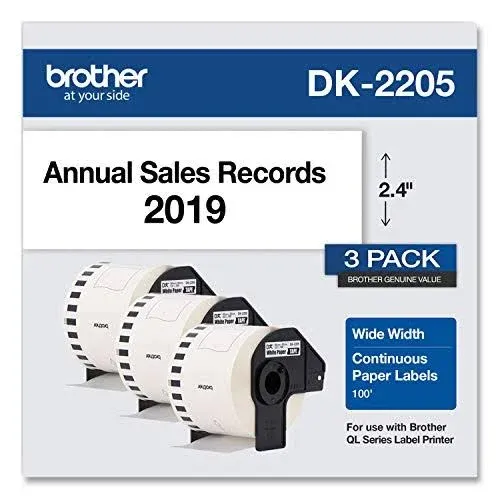 Brother DK-2205 Wide Width Continuous Paper Labels, 2-4/10" x 100', Black on White, 3 Rolls/Box (DK-22053PK)