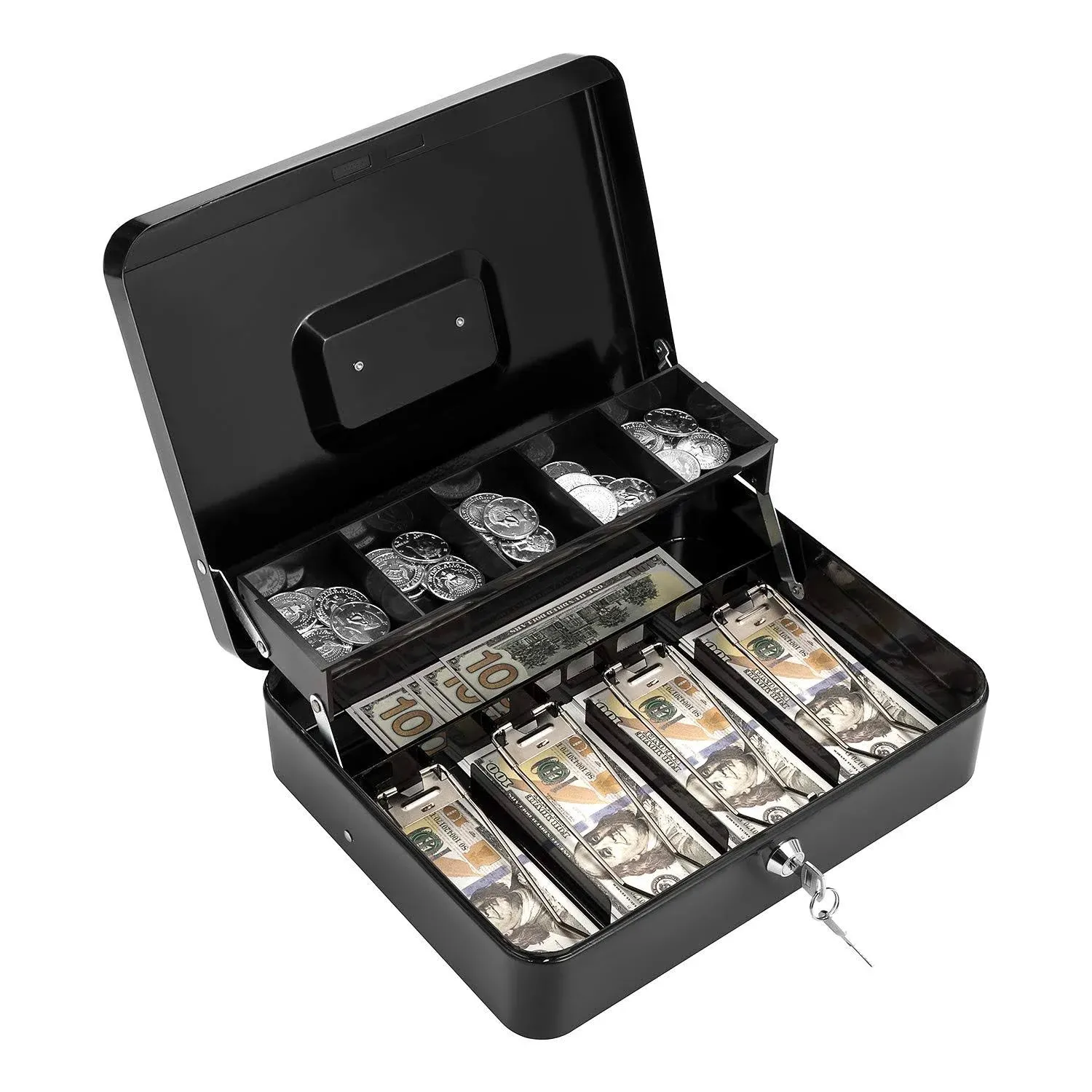 Reinforced Secure Cash Box with Cantilever Coin Tray - 11.8 x 9.4 x 3.54 Inches