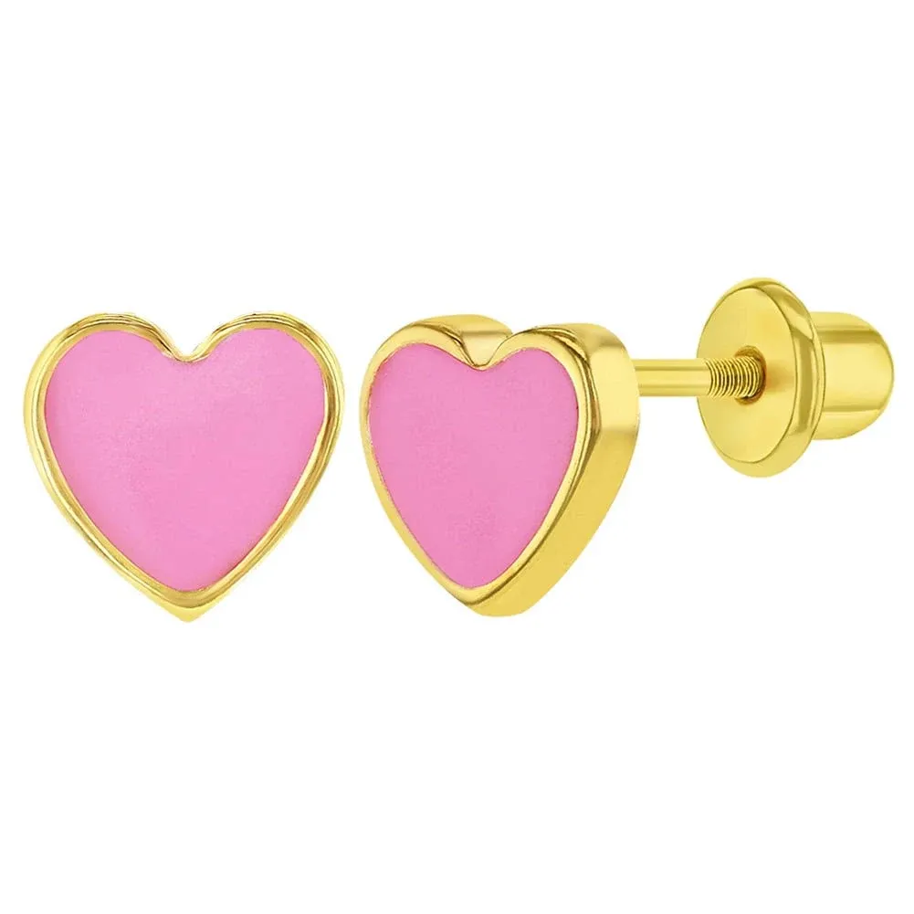 Gold Plated Pink Enamel Heart Screw Back Earrings for Toddlers &amp; Young Girls