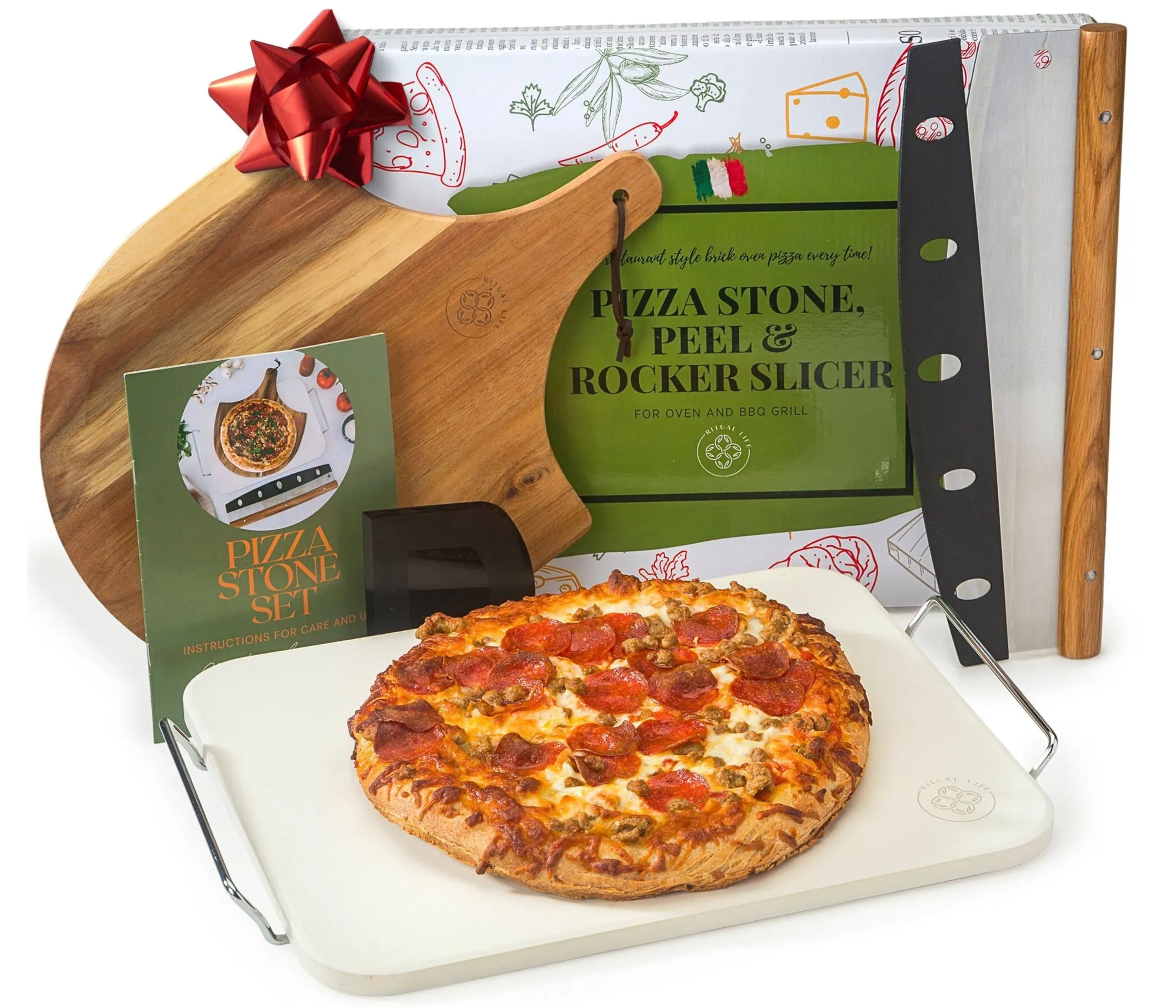 Ritual Life Pizza Stone for Oven and Grill with Wooden Pizza Peel Paddle & Pizza ...