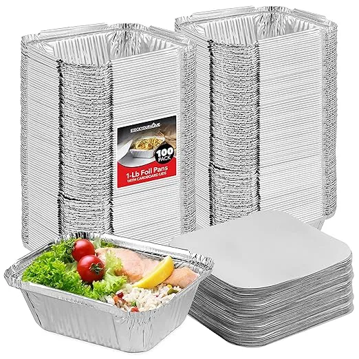 Stock Your Home 1 Lb Aluminum Pans with Lids (100 Pack) - Food Containers with Cardboard Lids - Disposable & Recyclable Takeout Trays with Lids - to Go Containers for Restaurants, Catering, Delis