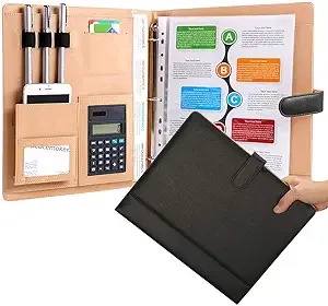 Designer Best Leather Portfolio Binder with Calculator Black 3 Ring Padfolio Business Folder Stylish Interview Portfolio Cover Case